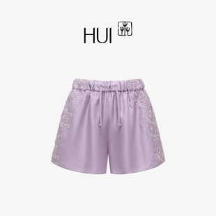 HUI卉精纺桑蚕丝风信紫松紧带抽绳运动亲肤休闲短裤 2025新款