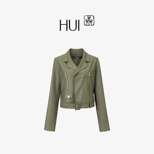 HUI卉仿麂皮草木绿龙纹金箔缠线非遗刺绣深呼吸驳领机车皮衣外套