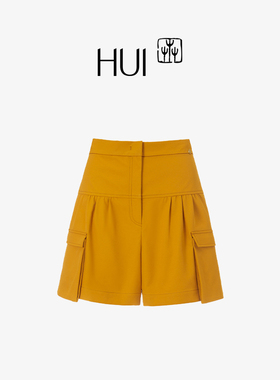 HUI卉金莺黄色SPH斜纹肌理A型中腰大口袋捏褶休闲减龄短裤裤子