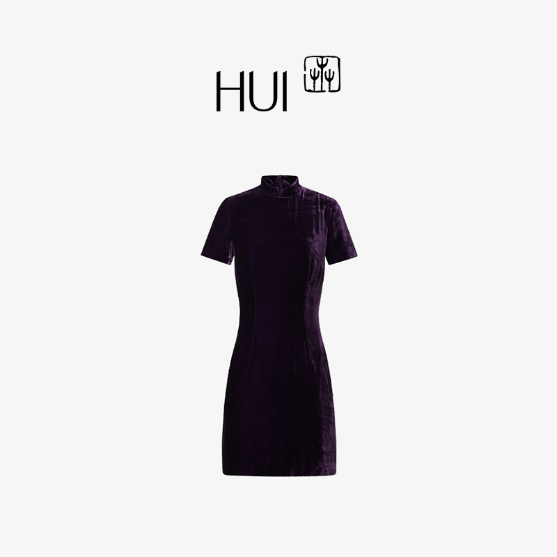 HUI卉100%桑蚕丝丝绒旗袍连衣裙