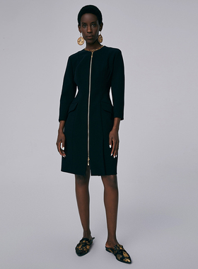 HUI卉黛黑色SPH二重织立体裁剪收腰撞色拉链花苞型修身长袖连衣裙