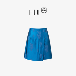HUI卉桑蚕丝真丝蓝靛色36MM6A生丝凤鸟方胜纹加厚不规则半身裙