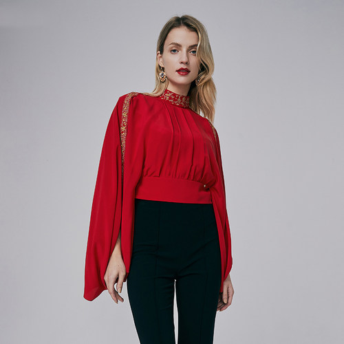 HUI卉真丝黛黑/高粱红斗篷上衣