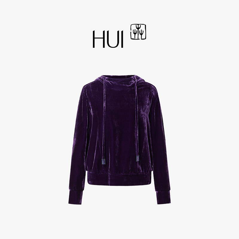 HUI卉100%桑蚕丝绒活动抽绳长角苗刺绣时尚复古运动连帽休闲卫衣