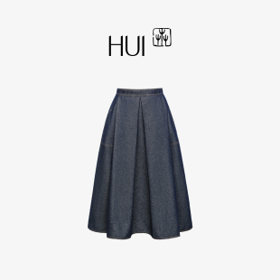 A字裙子显瘦休闲伞裙2025春新款 HUI卉花青色高腰压褶褶间中长款