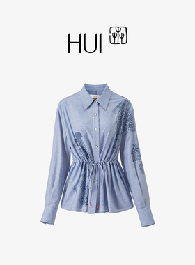 HUI卉非遗苗绣纹样帝释青人棉复合腰部抽绳条纹衬衫修身色织工艺