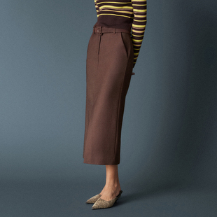 HUI卉绵羊毛昙暮棕肌理感西装 料腰带前开叉直筒半裙2026春新款