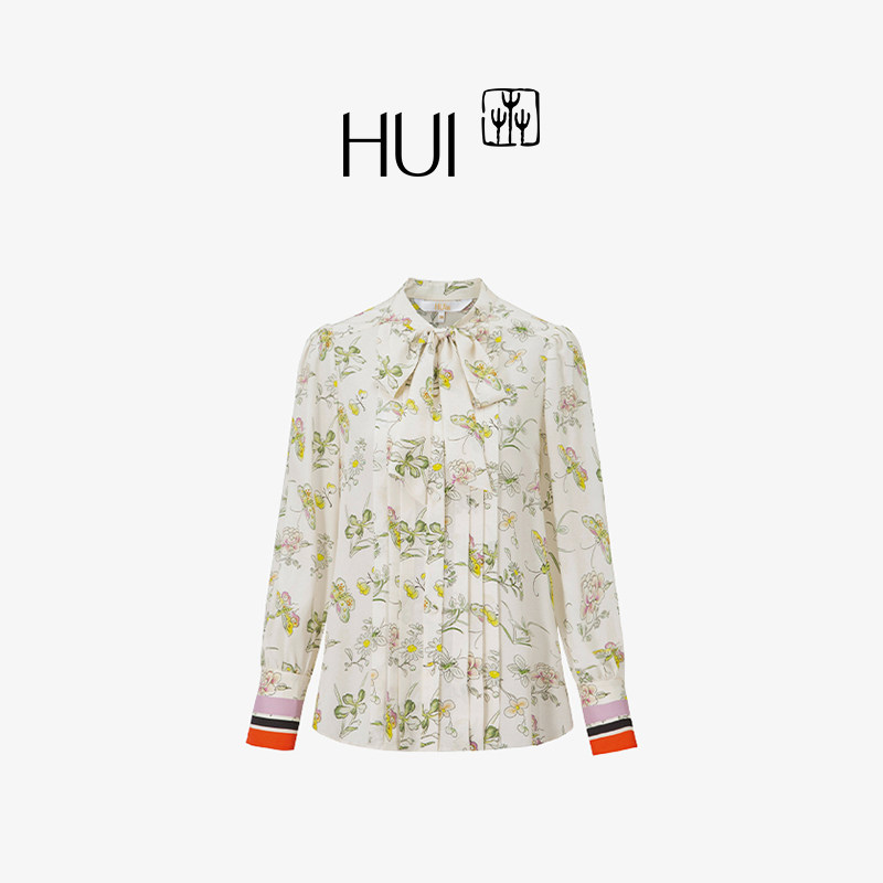 HUI卉100%真丝工笔绫画花蝶衬衫