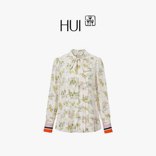 HUI卉100%真丝工笔绫画花蝶衬衫