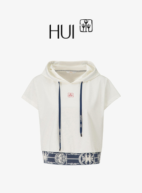 HUI卉植物纱线&长绒棉非遗蝴蝶妈妈印花连帽套头上衣休闲百搭时尚