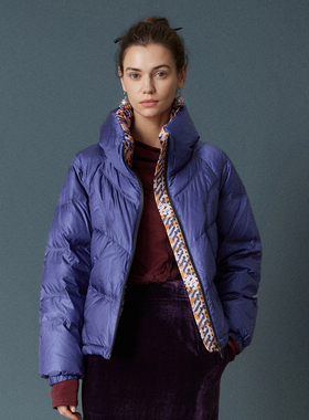 HUI卉90白鹅绒茄皮紫彩陶俑几何花型绗缝荷叶边保暖厚款羽绒服