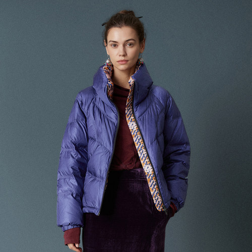 HUI卉90白鹅绒茄皮紫绗缝羽绒服