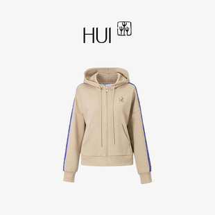 HUI卉枯黄色绵羊毛空气层针织拉链式连帽女款设计感落肩袖卫衣