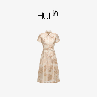 HUI卉苗韵蓝花非遗蜡染提花丝涤蕾丝拼接腰封中长连衣裙2025新款