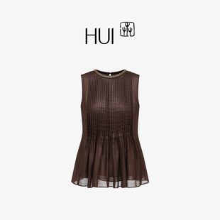 HUI卉檀褐色细密压褶领圈管珠平纹雪纺纱刺绣上衣2025新款