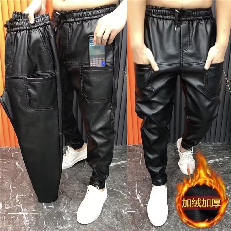 가을 겨울 따뜻한 6포켓 가죽 바지 남성용 루즈하고 다용도 레깅스 플러스 벨벳 두꺼운 방풍 및 방수 작은 발 캐주얼 바지