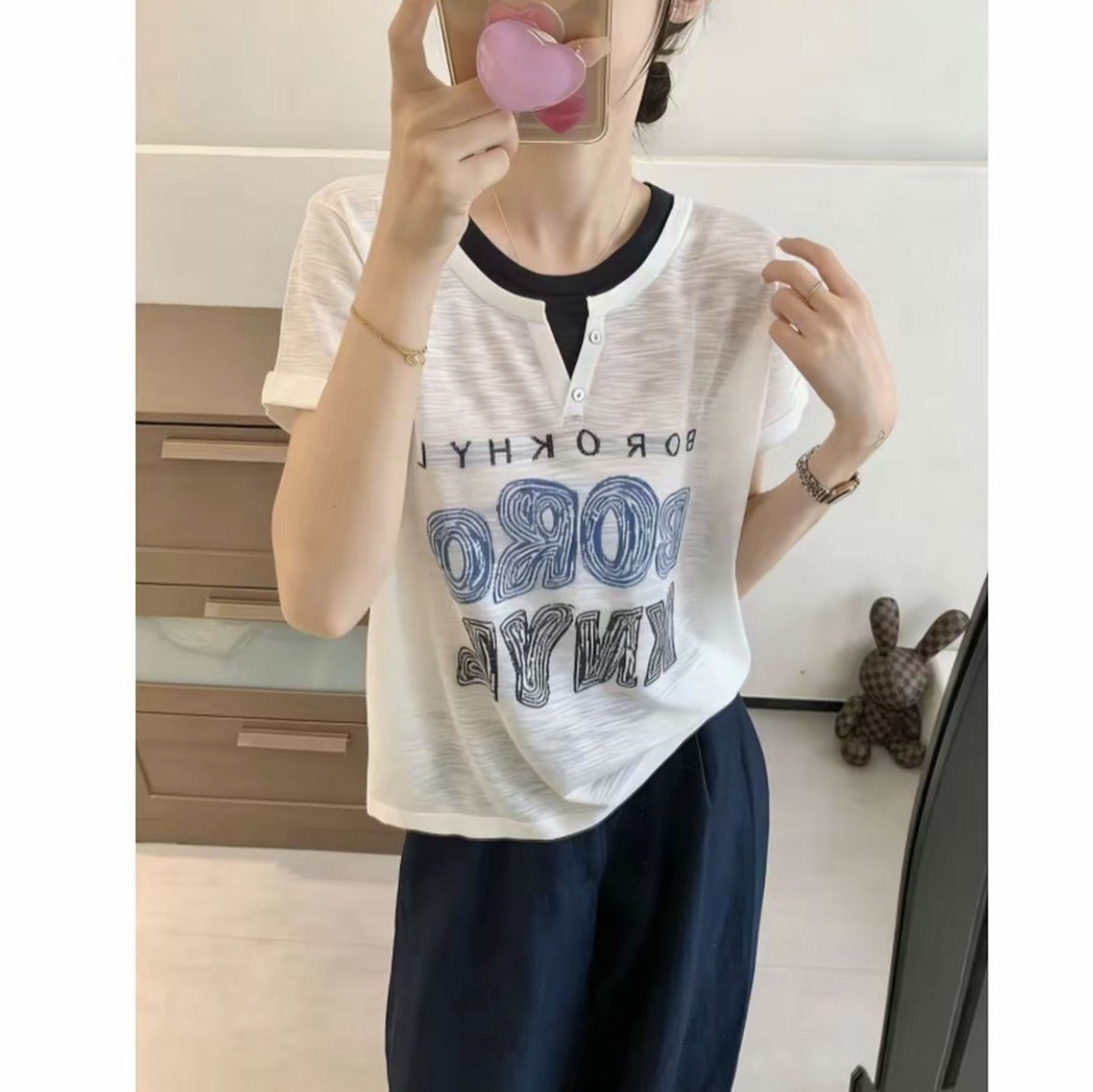 夏季冰丝假两件宽松短袖针织衫女