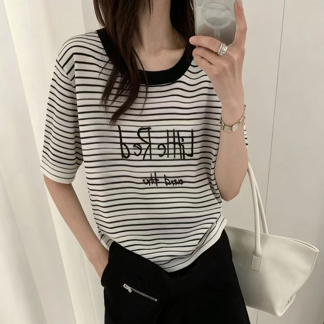 冰丝针织短袖T恤女百搭打底