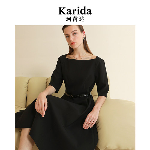 Karida/珂芮达【假日佛罗伦萨】气质优雅显瘦方领收腰中长连衣裙
