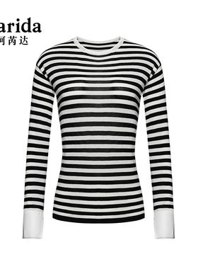 珂芮达【条纹定律】春秋新款简约时尚圆领条纹拼接绵羊毛针织衫女