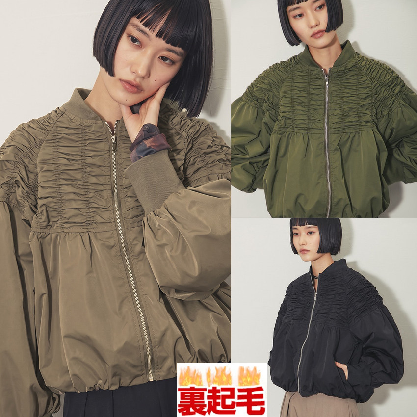 日韩跨境外贸秋冬季新款女装纯色褶皱宽松拉链加棉棉袄短外套加厚