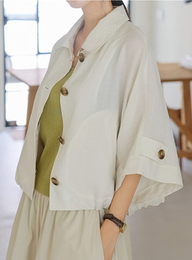POL领蝙蝠袖简约棉麻外上衣2026春季抽绳收腰小个子短装外套中袖