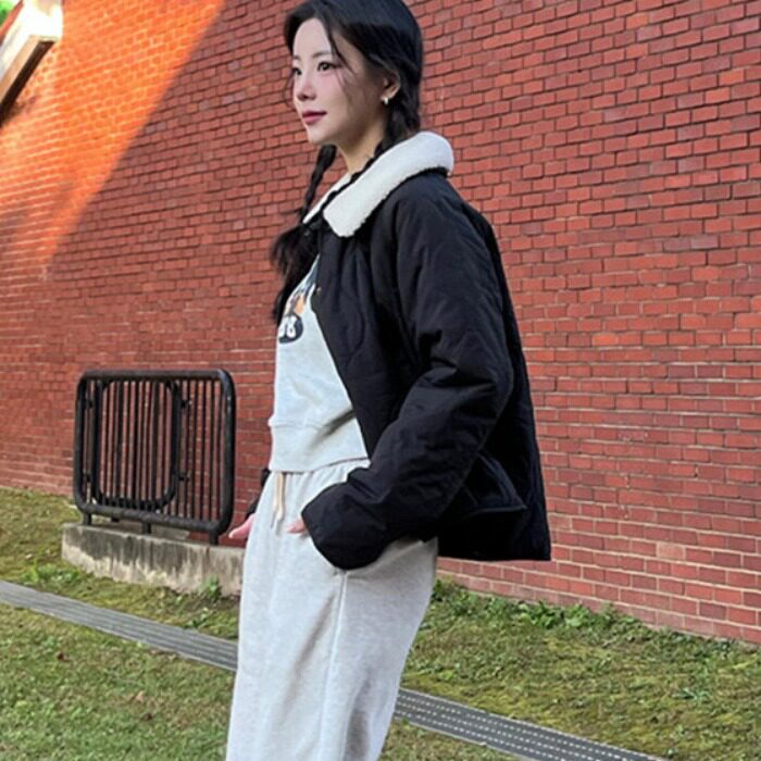 日韩波浪格绗棉可拆卸毛领棉服棉衣女小个子羊羔绒内里休闲外套