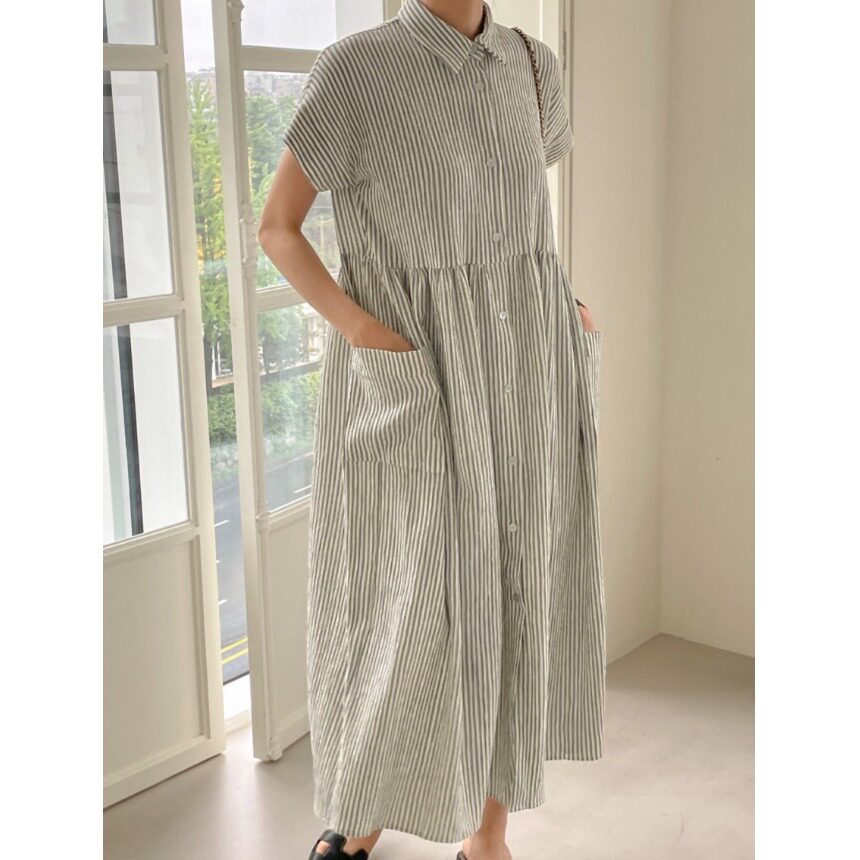 韩国chic2026夏季宽松口袋条纹连衣裙中长款宽松显瘦裙子休闲百搭