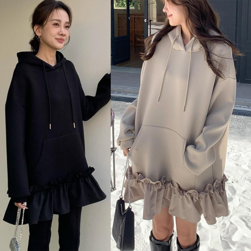 日韩2026年春季新款连帽拼接花边卫衣裙休闲慵懒连衣裙春秋裙子