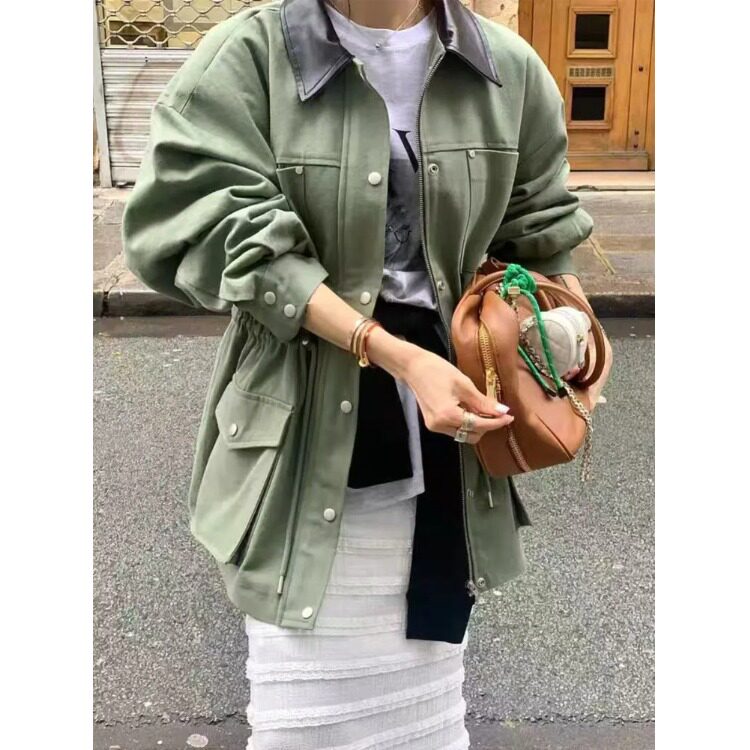 韩国chic2026秋季新款气质个性领穿绳束腰大口袋气质中长款风衣女