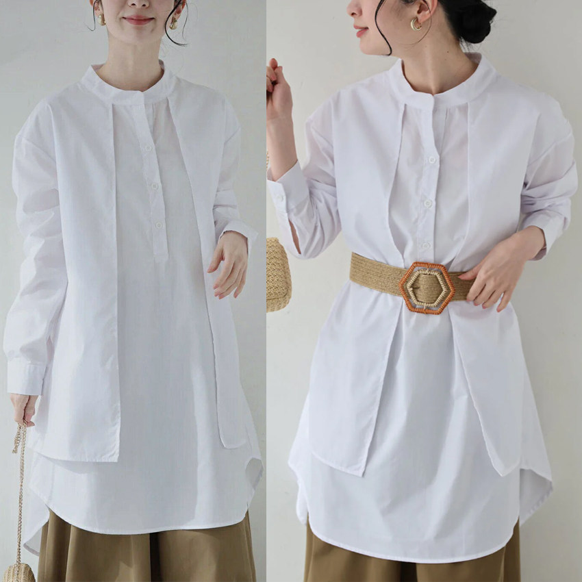 日韩跨境新款时尚假两件白色高档棉长衬衫女长袖中长款衬衣裙春季