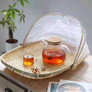 家用户外露营带簸箕带网纱防虫水果馒头竹编网罩制品农家晾晒托盘