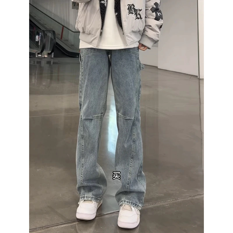 美式复古斜切弯刀牛仔裤男款秋冬季高级感直筒工装宽松绑带阔腿裤