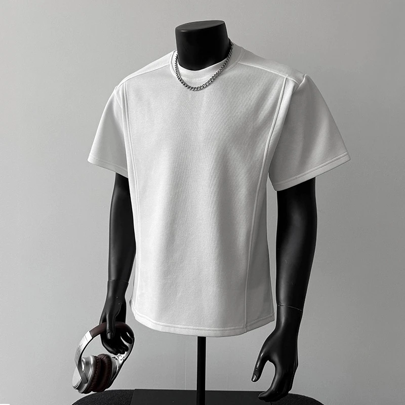 2026夏季新款轻奢痞帅男装正肩挺阔高级感短袖T恤男拼接圆领上衣