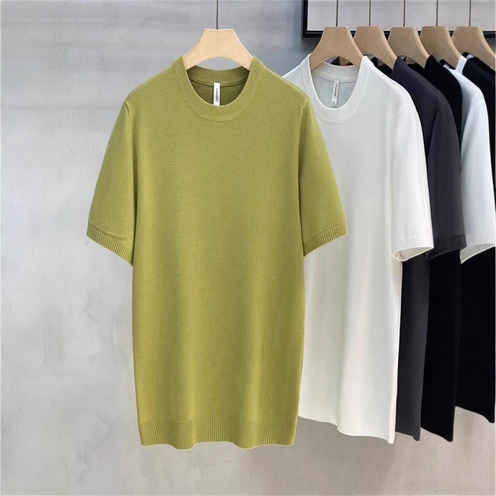 夏季新款男士老钱风针织短袖毛衣圆领纯色打底衫简约高级感男装