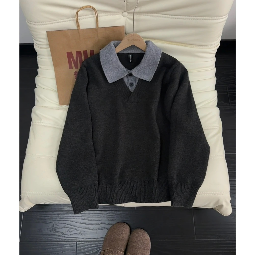 vintage老钱风复古针织毛衣男春秋假两件拼接针织衫慵懒风毛线衣