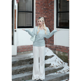 子女秋冬高腰显瘦垂感宽松拖地休闲长裤 加绒裤 420g 羊毛裤 糯米子