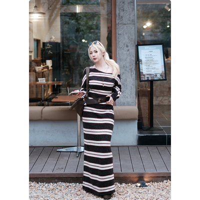 斜肩长袖连衣裙女春秋条纹裙