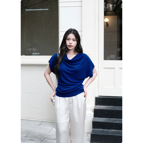 糯米子[居家仪式]诠释优雅气质两穿斜肩t天丝羊毛短袖上衣夏季