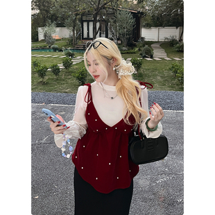 丝绒蛋糕打底 衬衫 韩版 长袖 半高领气质上衣 高级喇叭袖 糯米子