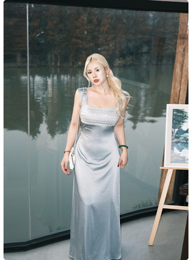 糯米子[世家千金]缎面轻奢感宴会礼服裙子重工珠片微胖大码连衣裙