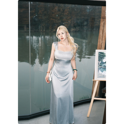 缎面轻奢感宴会礼服裙子重工珠片