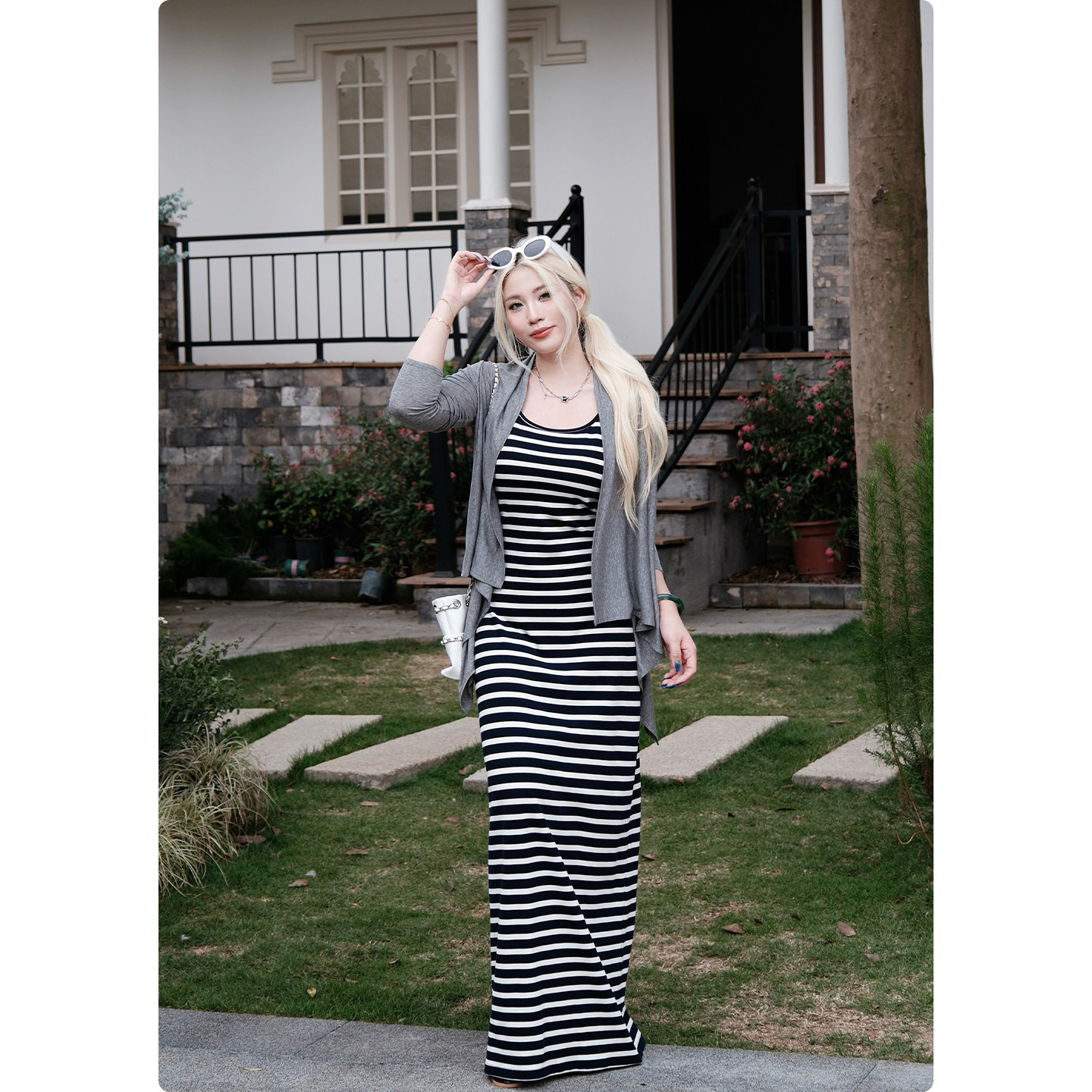 糯米子[轻松一下]韩版条纹针织连衣裙新款修身显瘦遮胯长裙