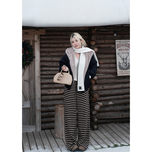 加厚加绒软糯显瘦阔腿裤 糯米子 条纹遛弯裤 秋冬款 条纹糯叽叽