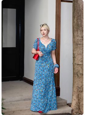 糯米子[蓝野花踪]蓝色连衣裙女春夏碎花长裙胖mm大码海边绝美裙子