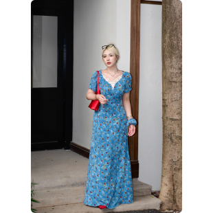 海边绝美裙子 蓝色连衣裙女春夏碎花长裙胖mm大码 糯米子 蓝野花踪