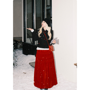 氛围感A字半身裙 圣诞红色褶皱半裙冬款 糯米子 节日礼物半裙