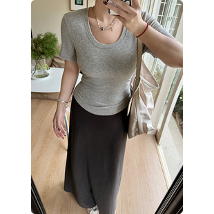 正肩短袖 t恤女夏季 微胖大码 女装 收腰U领上衣 糯米子 修身 肯豆t3.0