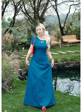 糯米子[海洋之泪]镂空绝美蓝色连衣裙女夏季微胖显瘦裙子大码长裙