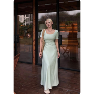 糯米子[薄荷曼波]方领连衣裙女夏季微胖大码法式气质收腰显瘦裙子